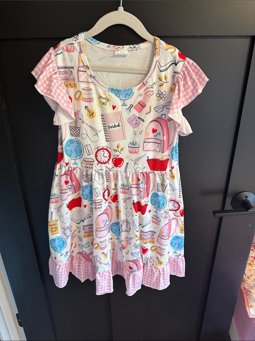 Girls Pink School-Print Ruffle Dress - Brand Unknown